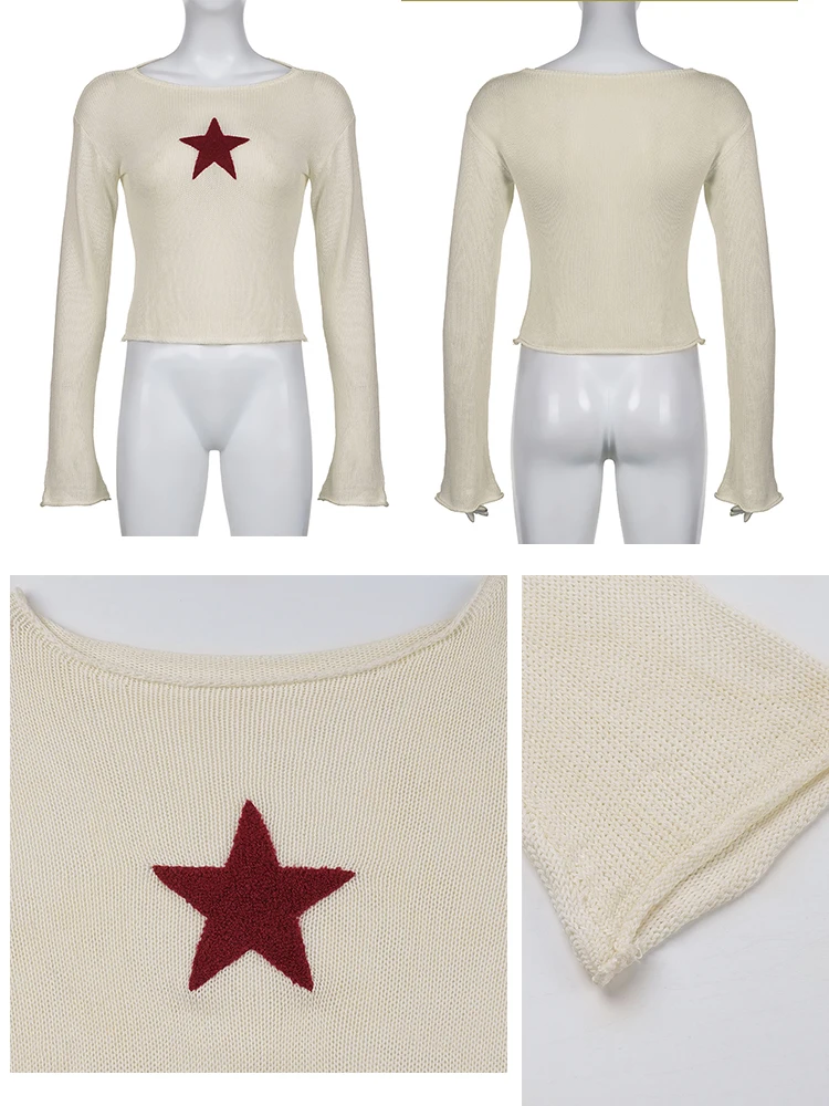 Rapcopter-suéteres de estrella y2k para mujer, ropa de calle Grunge, tops de cuello oblicuo delgados, Harajuku Prepply coreano, Top estético