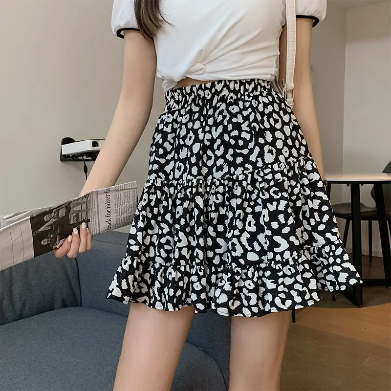 

Skirt Women Vintage Mini Leopard Drape Ruffles Elastic Waist Leisure Retro Femme Sexy Stylish Ulzzang Loose All-match Streetwear