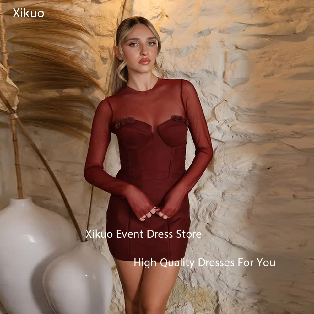

Xikuo Graceful Burgundy Satin Evening Gowns Above Knee Prom Dress Mermaid 3D Flowers Long Sleeves Vestidos De Fiesta Customized