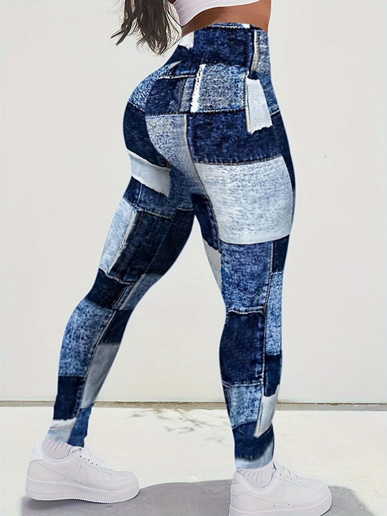 بنطال ضيق نسائي بطباعة مربعات هندسية، مصنوع من مزيج البوليستر والألياف اللدنة، مثالي لملابس الخريف والشتاء. #1