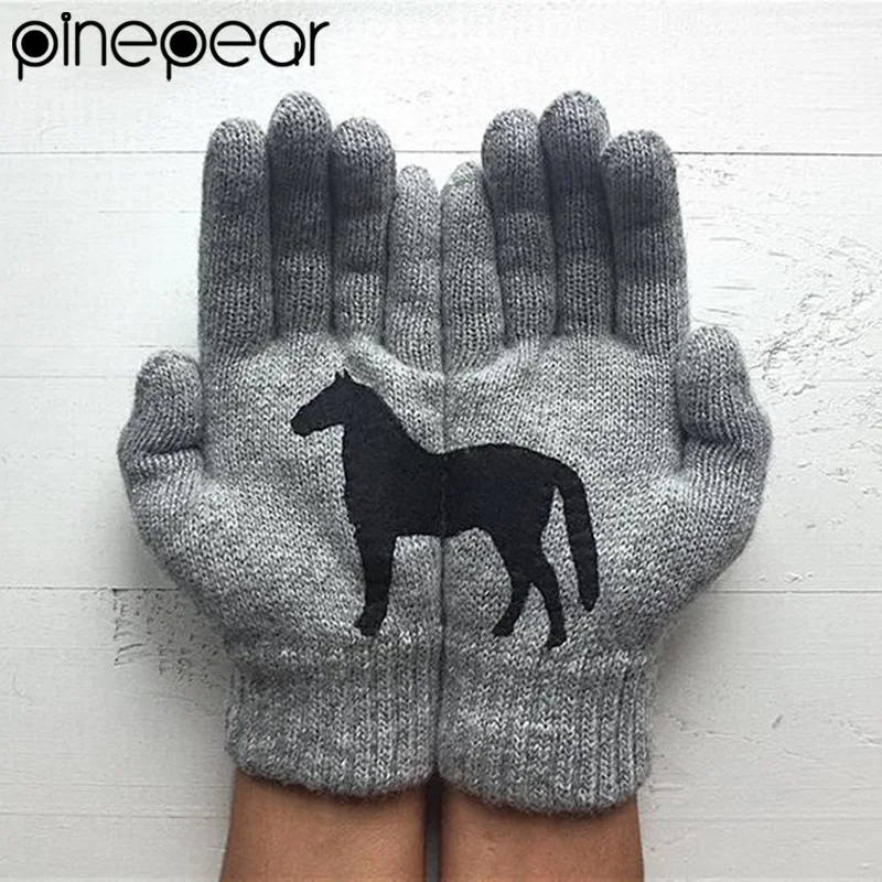 PinePear Horse Print Gloves Warm Knitted Gloves For Women Fun Horse Stitching Full Fingers Winter Men Outdoor Thermal Mitten