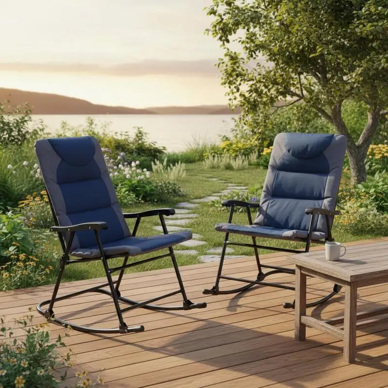 2 Piece Outdoor Patio Furniture Set with 2 Folding Padded Rocking Chairs, Bistro Style for Porch, Camping, Balcony, Navy Blue