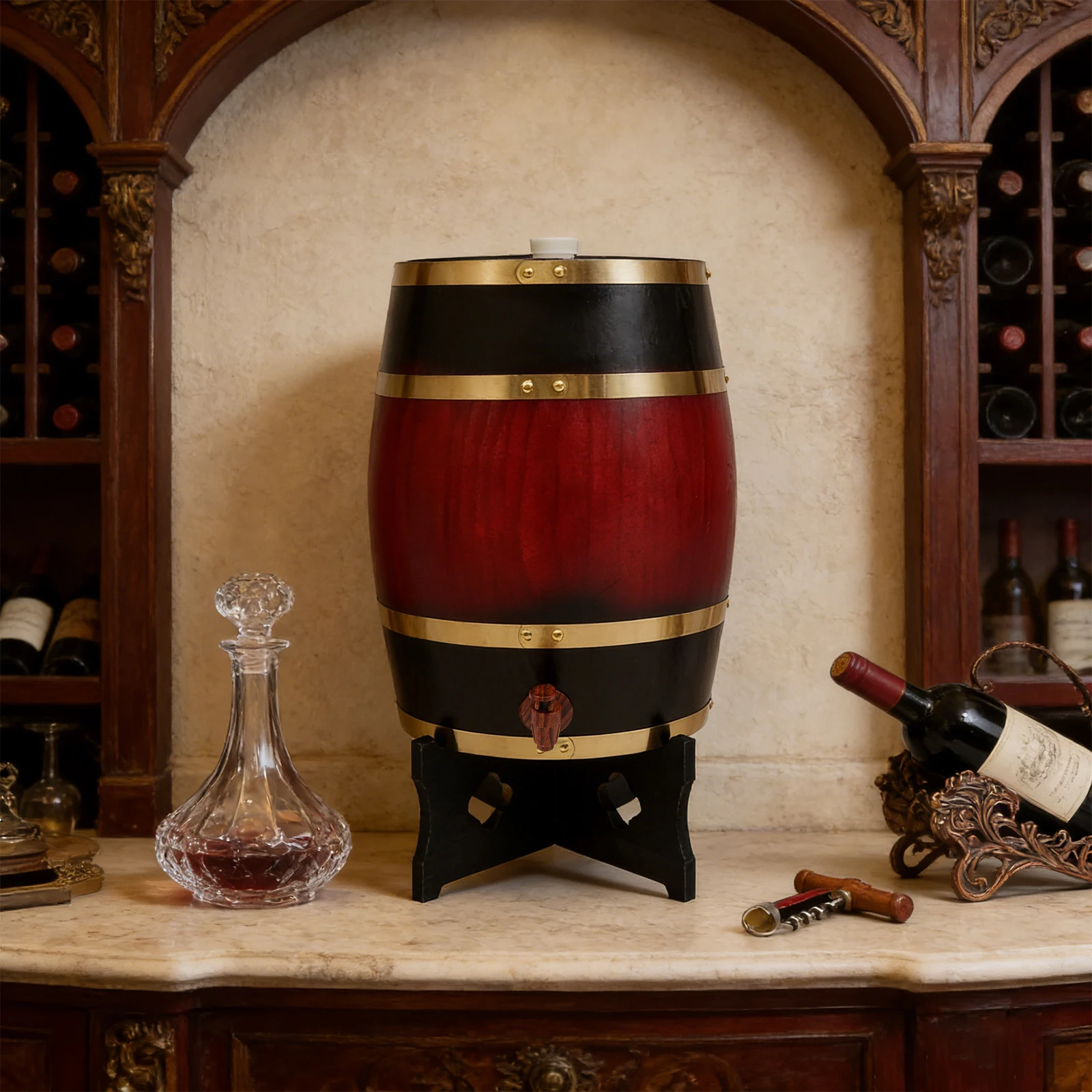 20L Wooden Whiskey Aging Barrel, Premium Oak-Style Fermenter with Metal Hoops, Home Party Drink Dispenser for Beer Cider