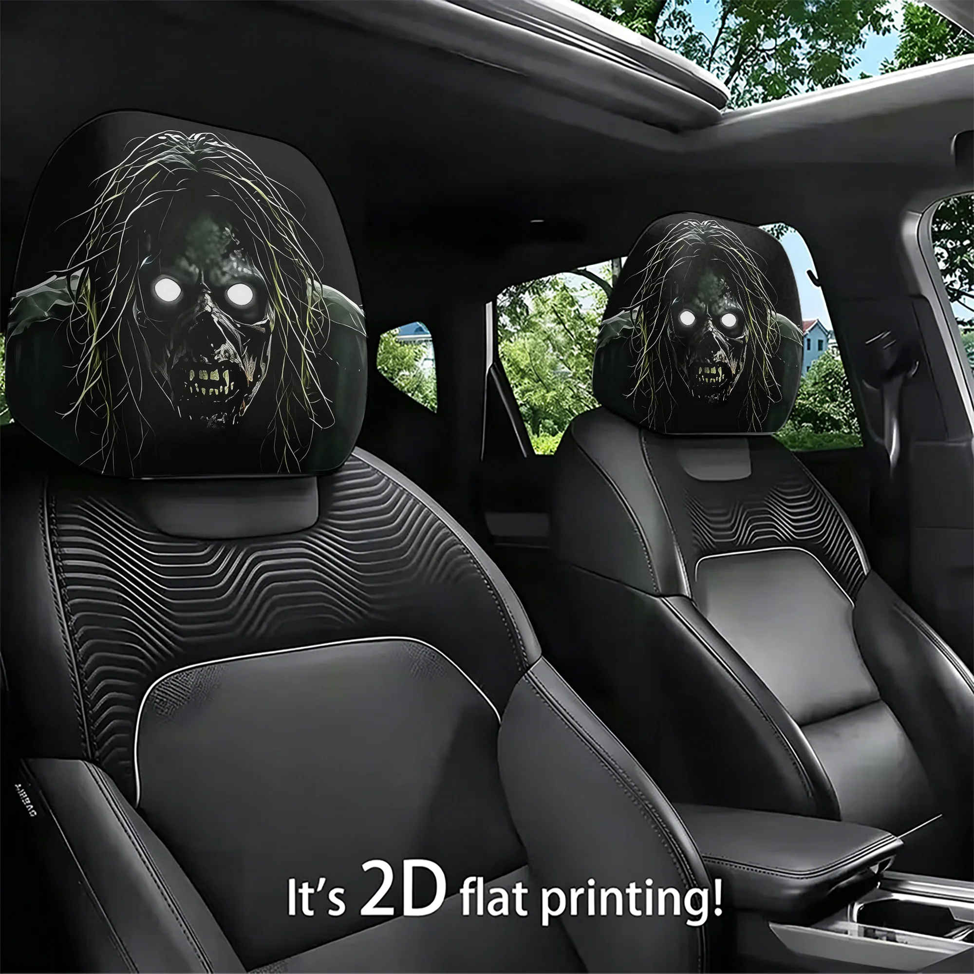 2pcs car headrest covers featuring a spooky zombie design, adding a touch of eerie atmosphere to your car’s interior. Filling no