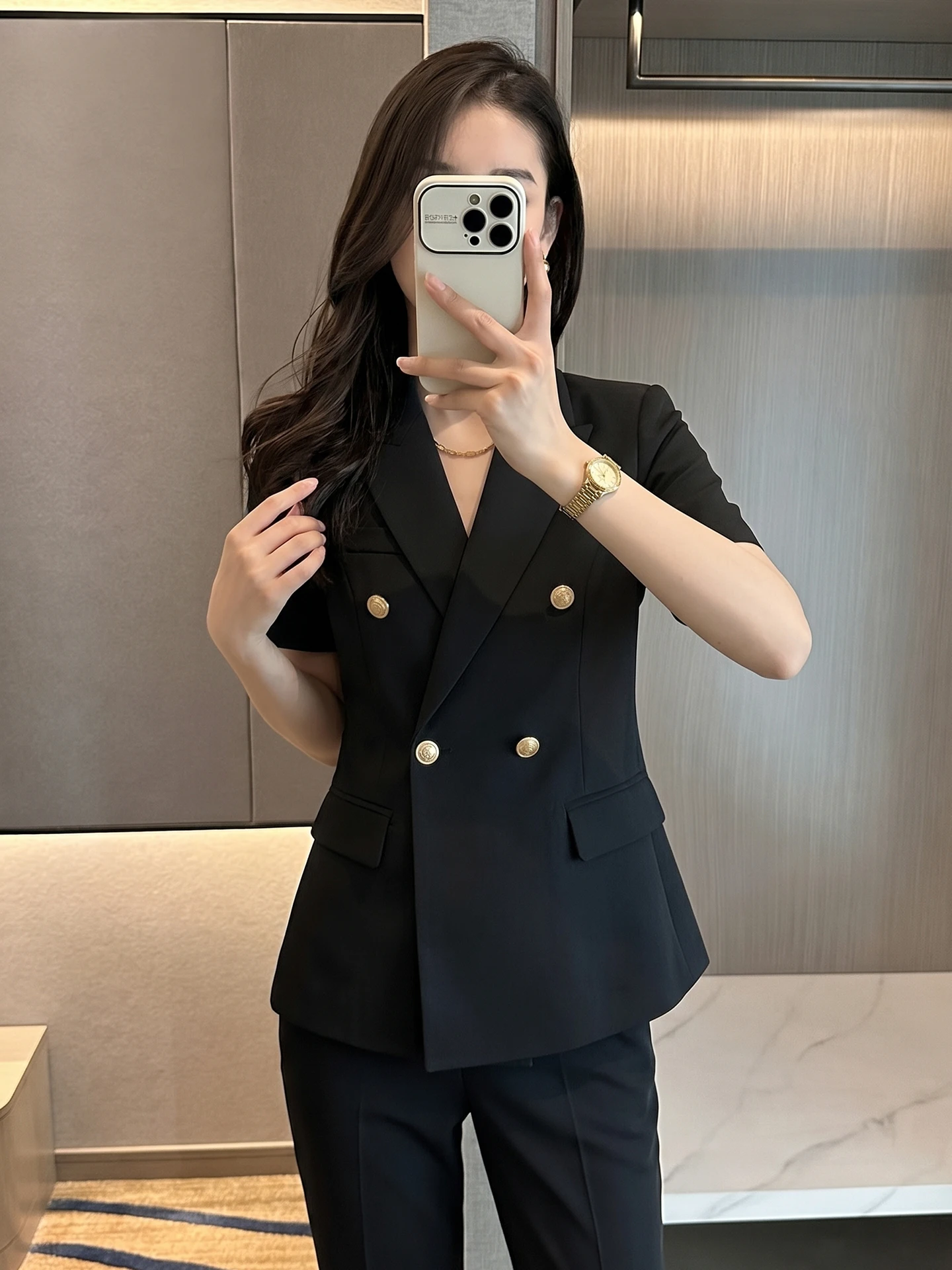 Black Professional Suit Set for Women Interview Workwear Elegant Small Size Career Formal Wear Polyester Fiber Short Sleeve