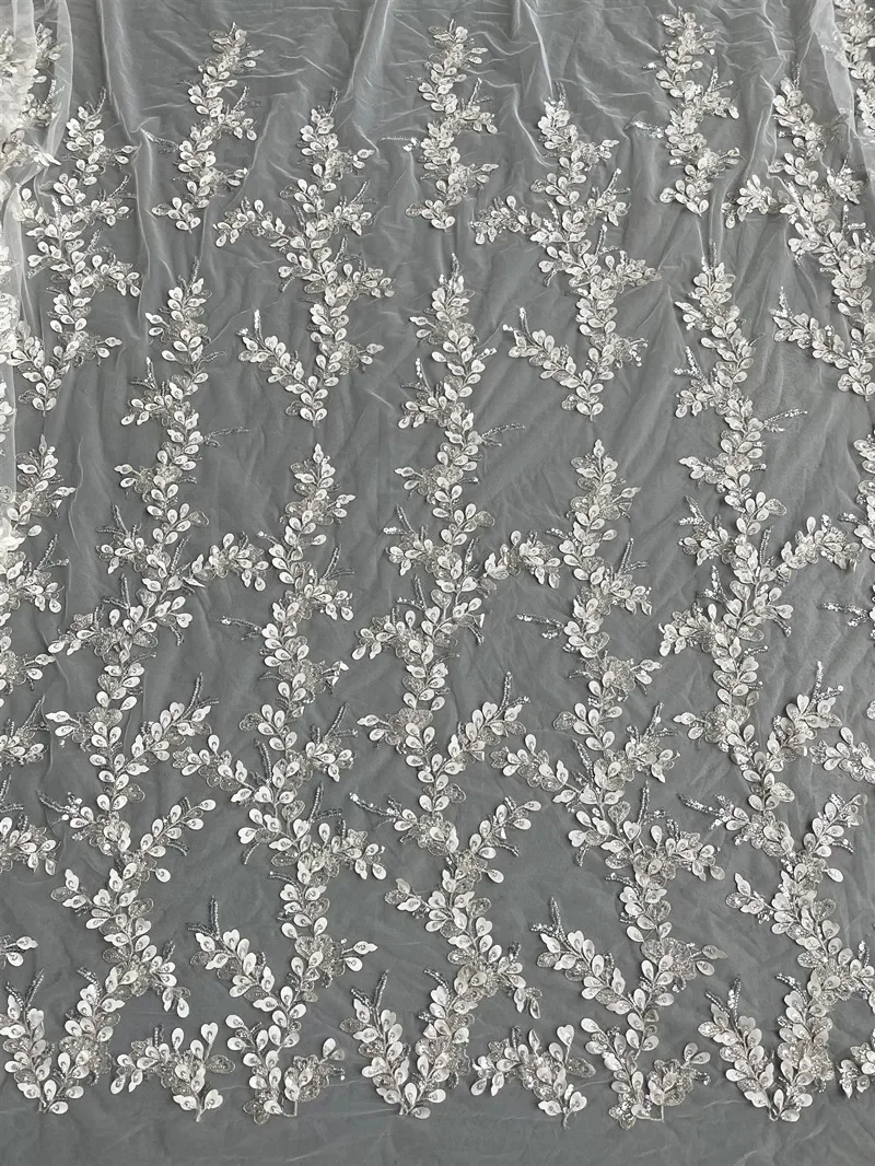 Ivory Luxury Beaded Applique Bridal Lace Fabric Silver Embroidery Flowers and Leaves Sequins High-end Dress Fabric Lace RS3105