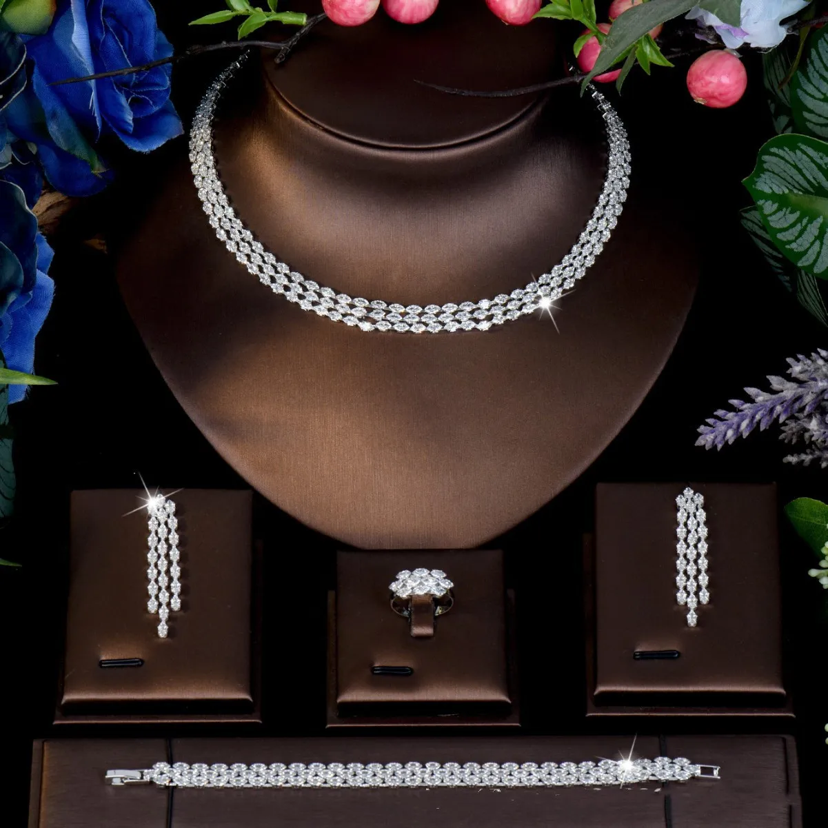 Cubic Zirconia CZ Bridal Jewelry Sets For Women 4-Pieces Simple Necklace Earring Set Lady Party Wedding Necklace Set Accessories