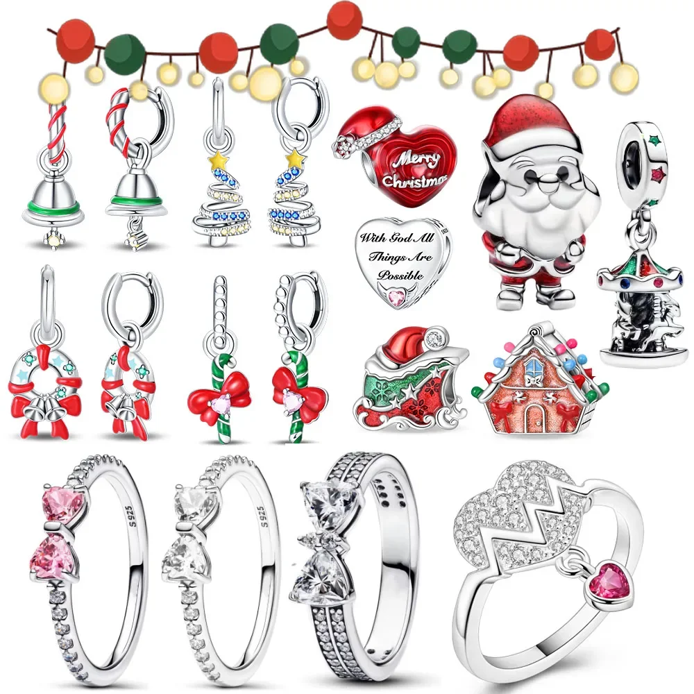 2025 핫 925 실버 반지 핑크 지르콘 빛나는 활 크리스마스 매력 비즈 반지 파인 DIYWomen 파인 쥬얼리 선물