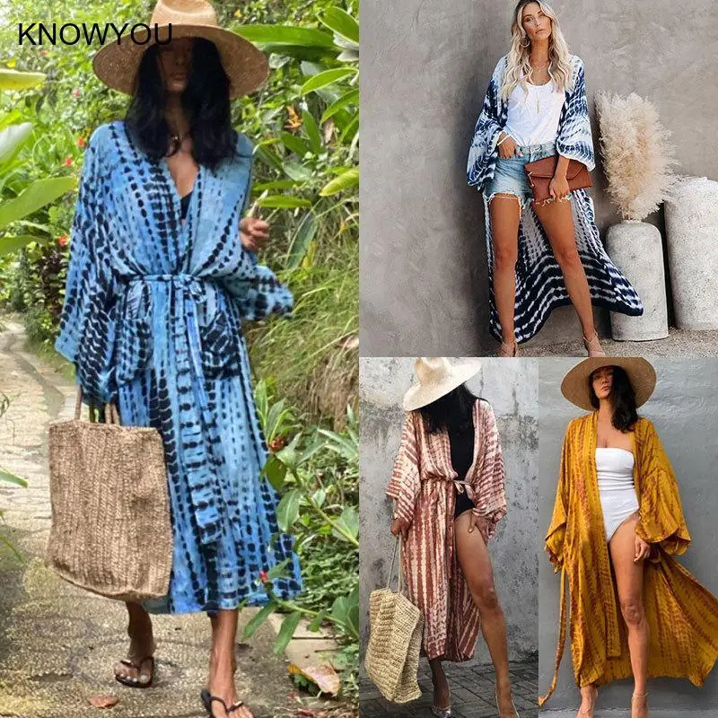 

Boho Stripe Tie Dye Swimsuit Cover Up Kimonos Ponchos Bikini Beachwear Beach Robe Femme Long Dress Tunic Sarong Cardigan