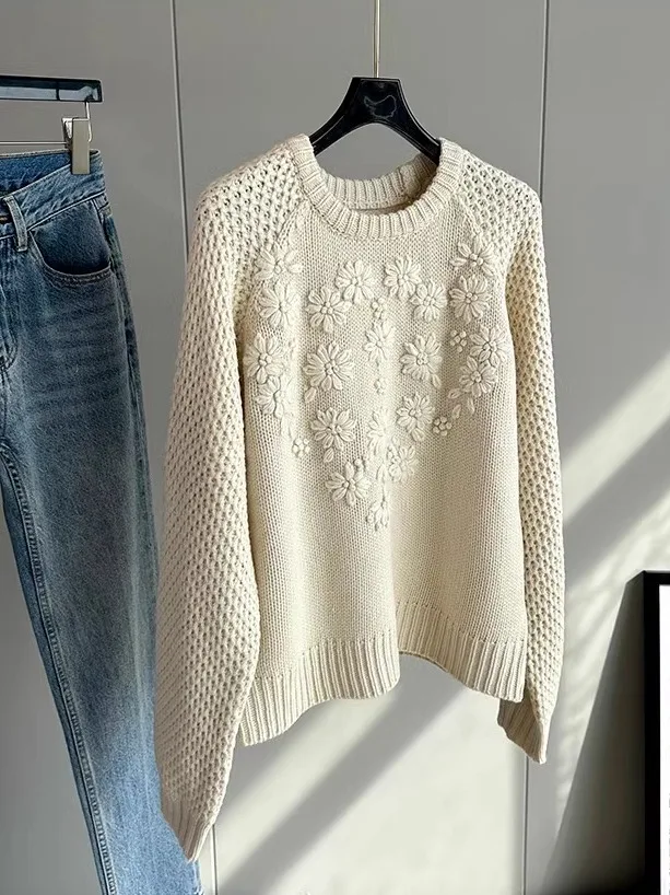 

Lush Sheep Wool Lazy Style Sweater Shoulder Sleeve Knitted Soft Warm Autumn Winter Loose Fit round Neck Long Sleeve Top