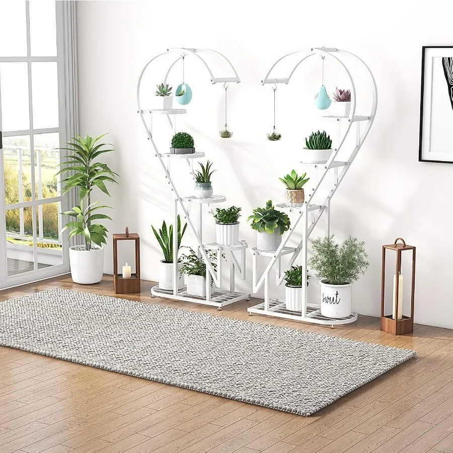 6-Tier Heart-Shape Metal Plant Stand Set with 12 Shelves & 6 Hanging Hooks, Sturdy Ladder Flowerpot Display Rack for Indoor Balcony Home Decor