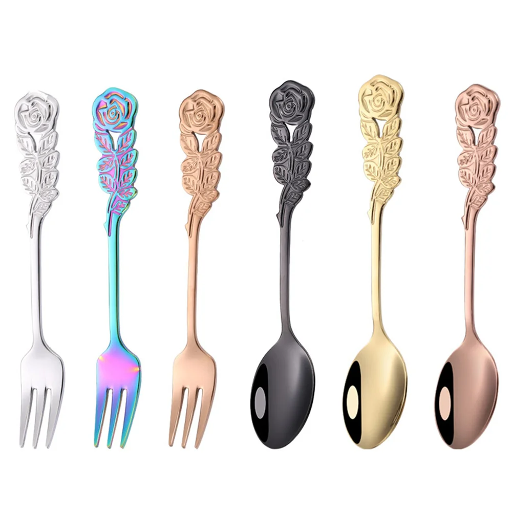 Fruit Fork Mirror Polishing Elegant And Classical Fork Stainless Steel Fork Spoon Rose Handle Mixing Spoon Dessert Spoon