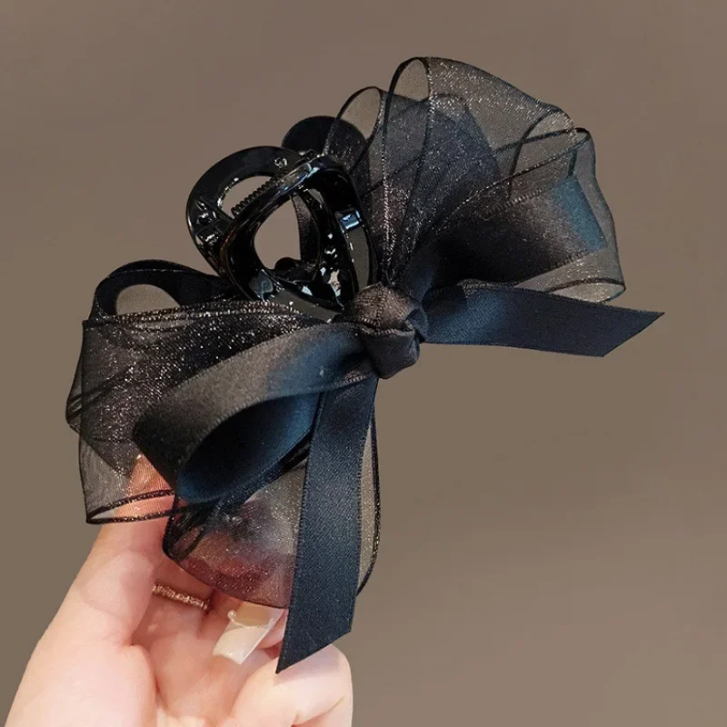 1pc Black Mesh Bow, Grab Clip, Multiple Hair Clips, High-end Headpiece, Elegant Shark Clip view 3