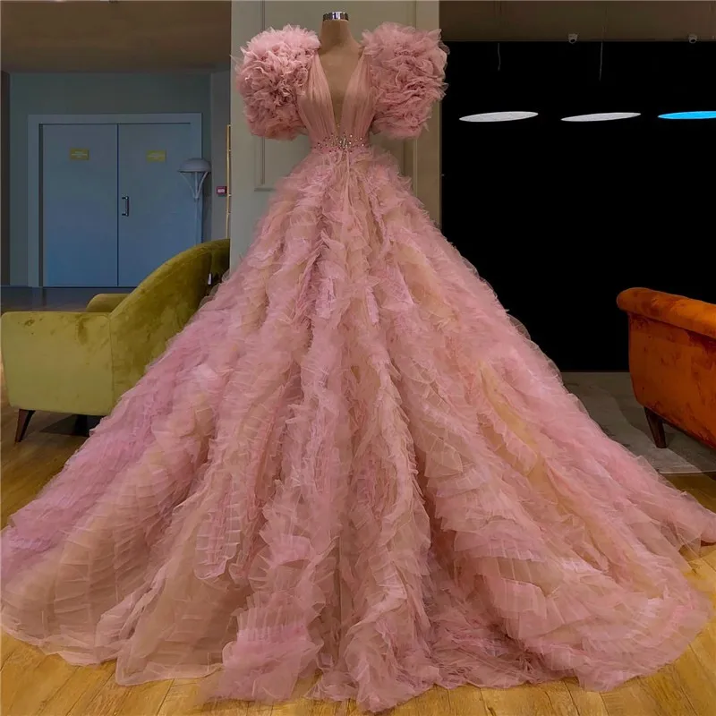 

Pink tulle V-neck evening dress beaded sequins fluffy wedding ball dress party show beauty pageant dress customization