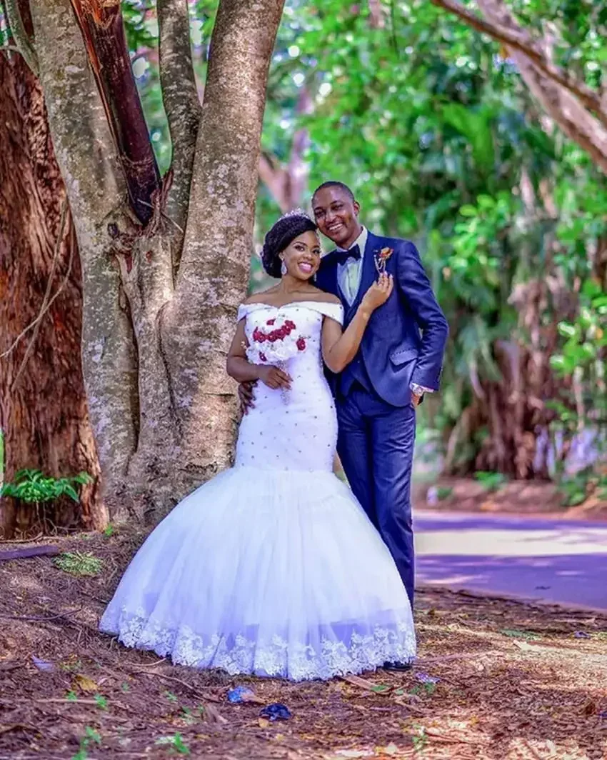 

Customized African Nigerian Mermaid Wedding Bridal Dresses Beads Crystals Tulle Offer The Shoulder Vestidos De Noiva