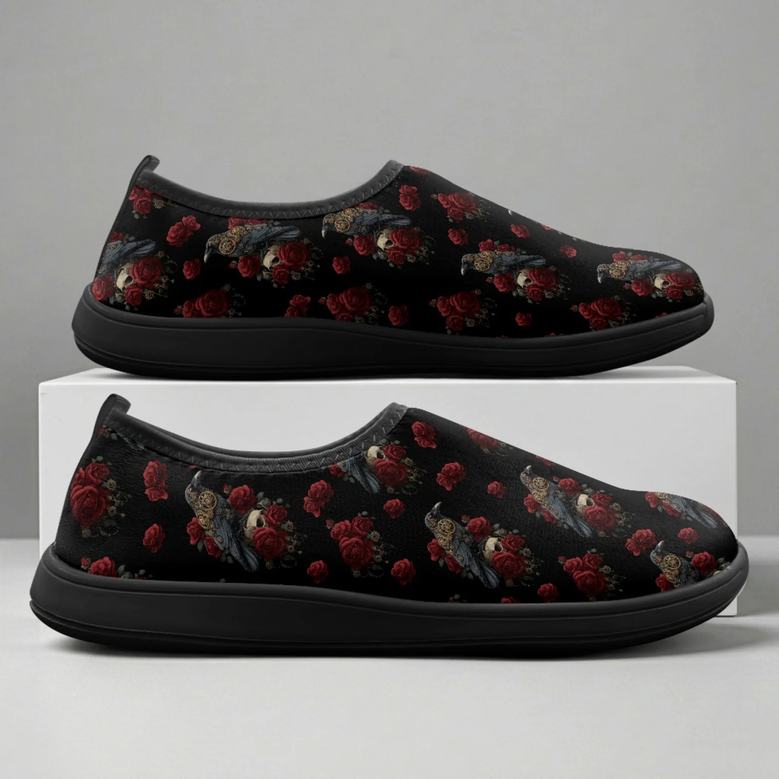PENSTROLL Crow Rose Pattern Casual Non Slip Work Shoes Polyester & EVA Hiking Sneakers Walking Flats for Outdoor All Season