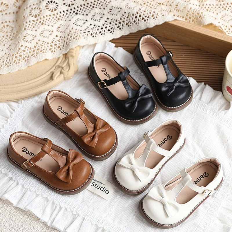 Vintage Children School Leather Shoes Classic T-Strap Girls Hollow-out Mary Jane Shoes Lightweight Kids Uniform Shoes with Bow