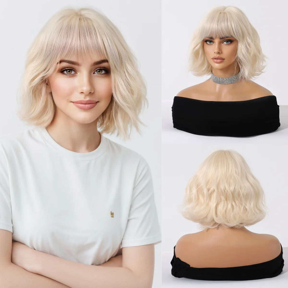 

Симпатичный синтетический парик ESIN Platinum Bob с челкой, короткие волнистые светлые парики для косплея Лолиты, термостойкие искусственные волосы для женщин