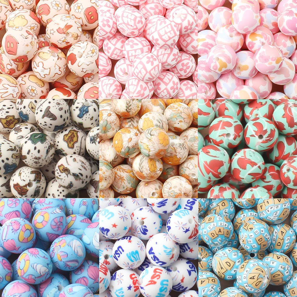 

10/20 шт. силиконовые бусины с принтом, красочные 15 мм, круглые фокусные бусины с принтом для DIY, брелок, ожерелье, ручка, изготовление ювелирных изделий, ремесленные бусины