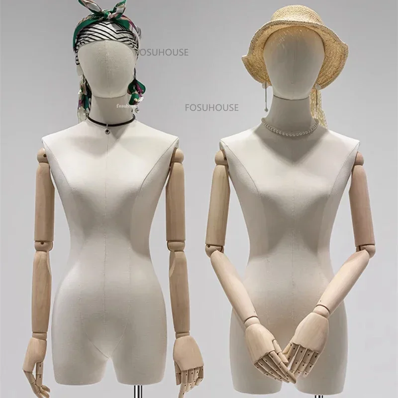 Modern Metal Base Mannequin For Women's Clothing Store Bust Mannequin Props Wooden Arm Leisure Dress Mannequins Display Rack