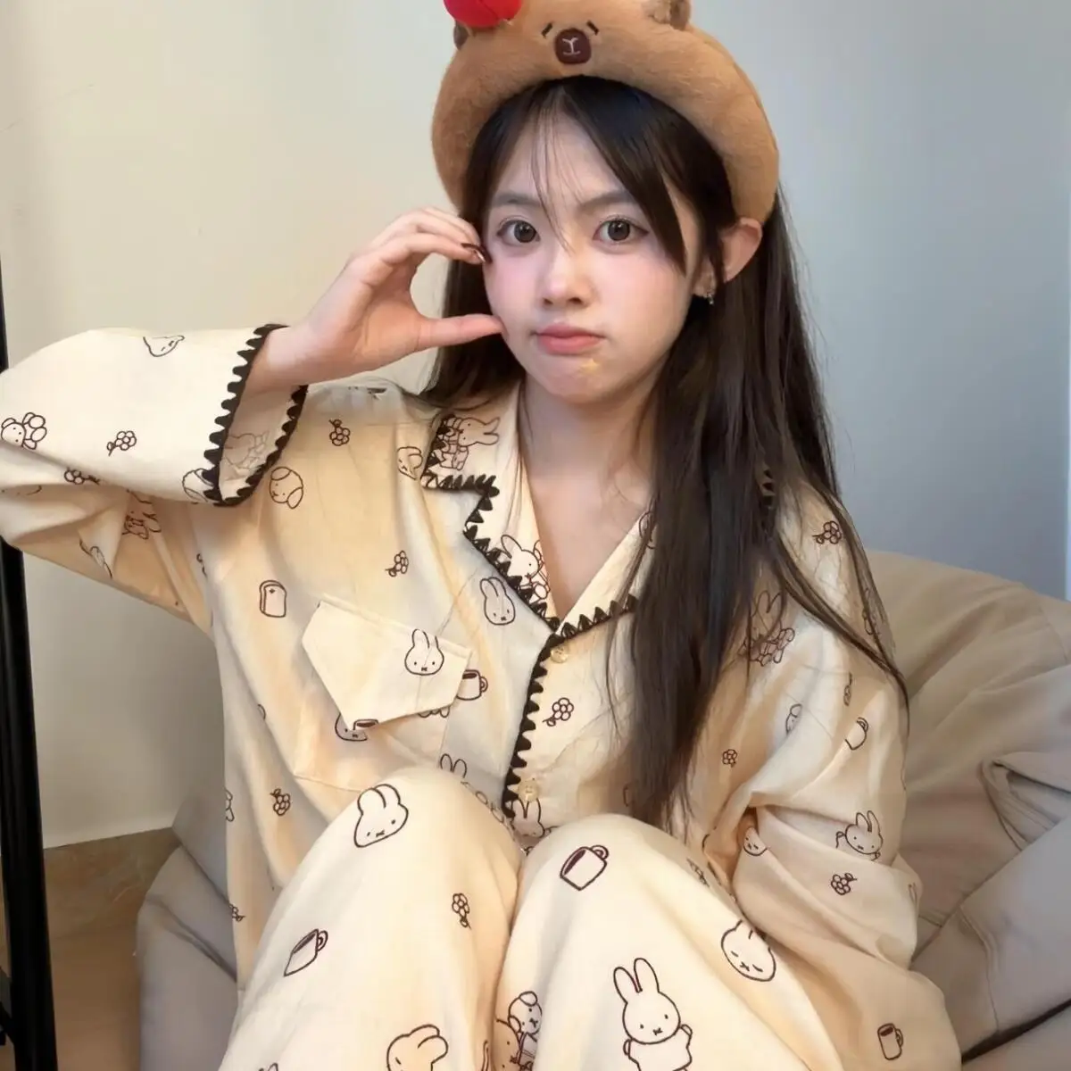 Miffy Kawaii Cartoon Primavera e Autunno Pigiama per la casa Simpatico coniglio Anime Pigiama a maniche lunghe e pantaloni lunghi Pigiama per ragazza dolce