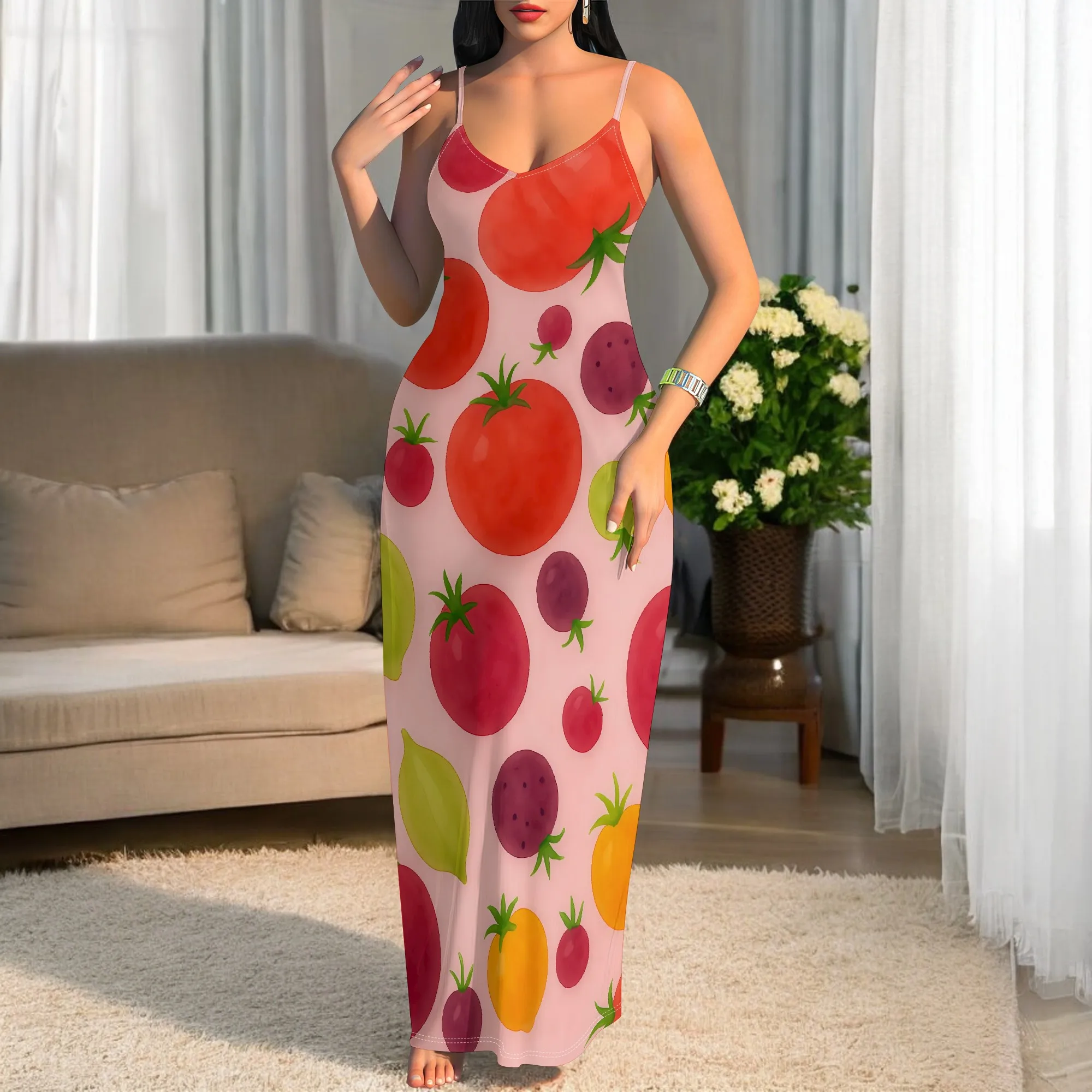 

New Summer Arrival Plus Size Women's Spaghetti Strap Maxi Dress Fruit Print Slim Fit Sundress for Beach Party Vacation