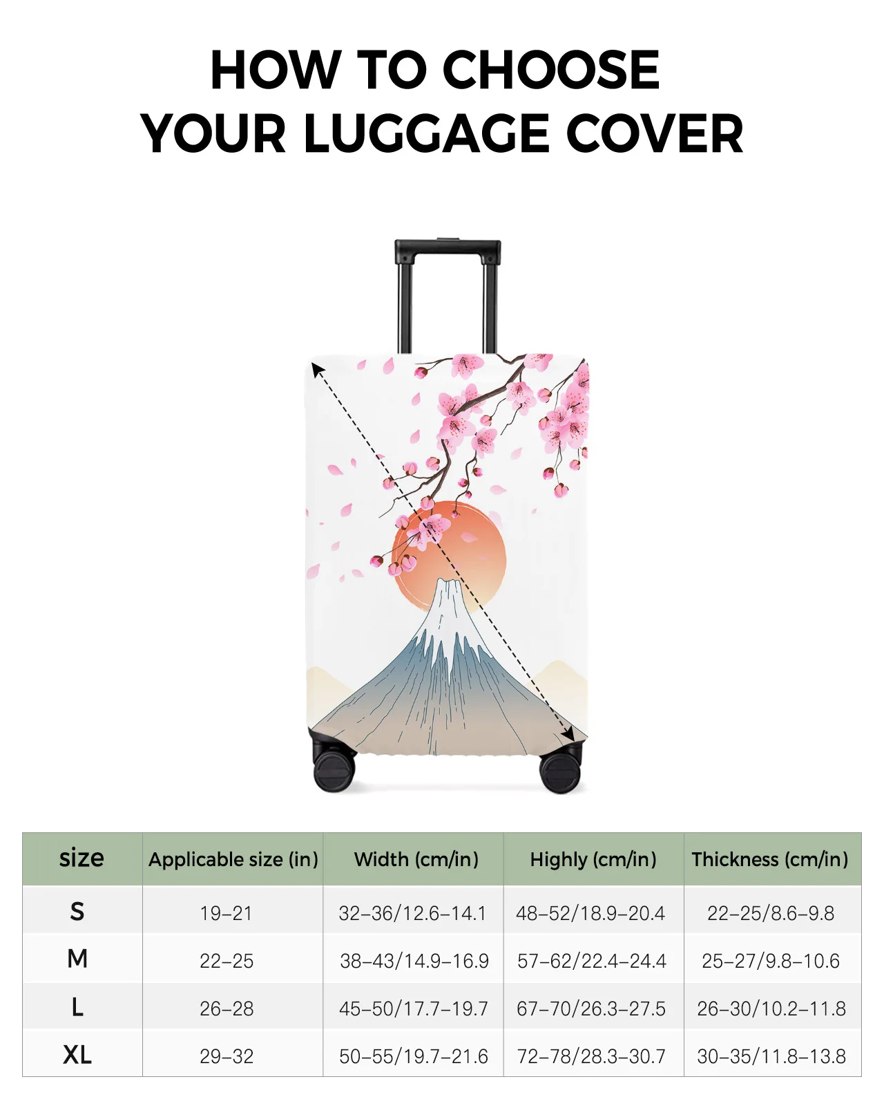 Japanese Style Mt. Fuji Sakura Luggage Cover Stretch Suitcase Protector Baggage Dust Cover for 18-32 Inch Travel Suitcase Case