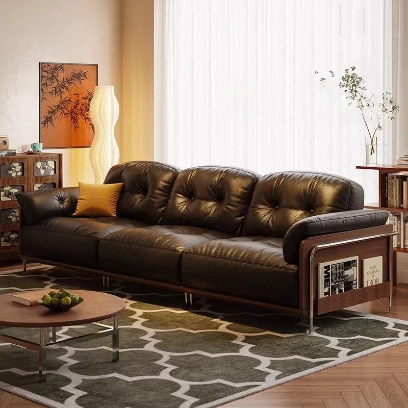 Vintage Bauhaus genuine leather sofa combo in the vintage living room, black vertical row small apartment, double three-