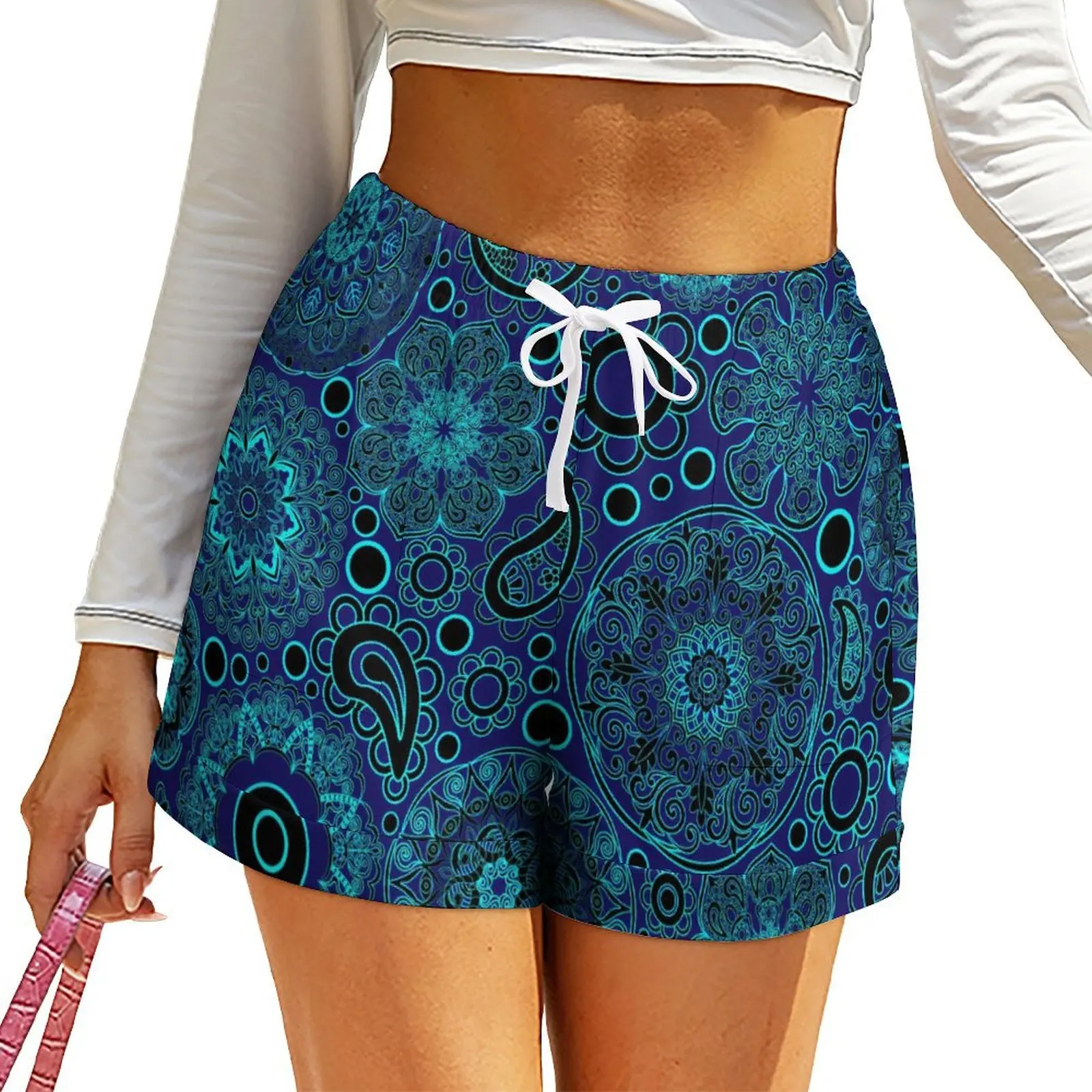 

Blue Paisley Shorts High Waist Boho Style Mandala Graphic Shorts With Pockets Spring Oversize Short Pants Casual Loose Bottoms