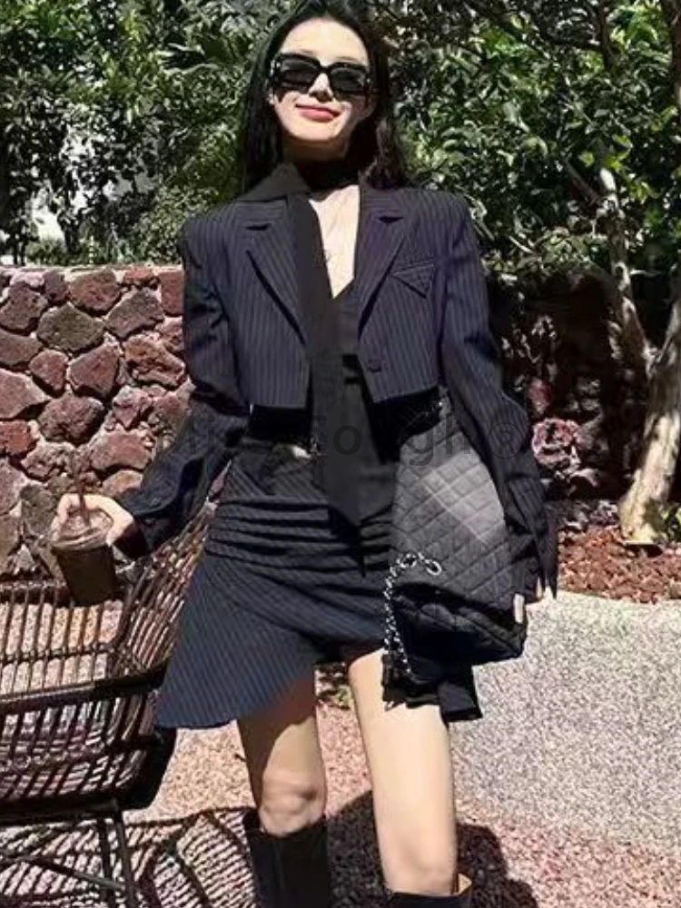 Autumn New Advance Sense 3 Piece Set Women Royal Sister Style Y2K Design Streak Suit Short Jacket+Irregular Top+High Waist Skirt