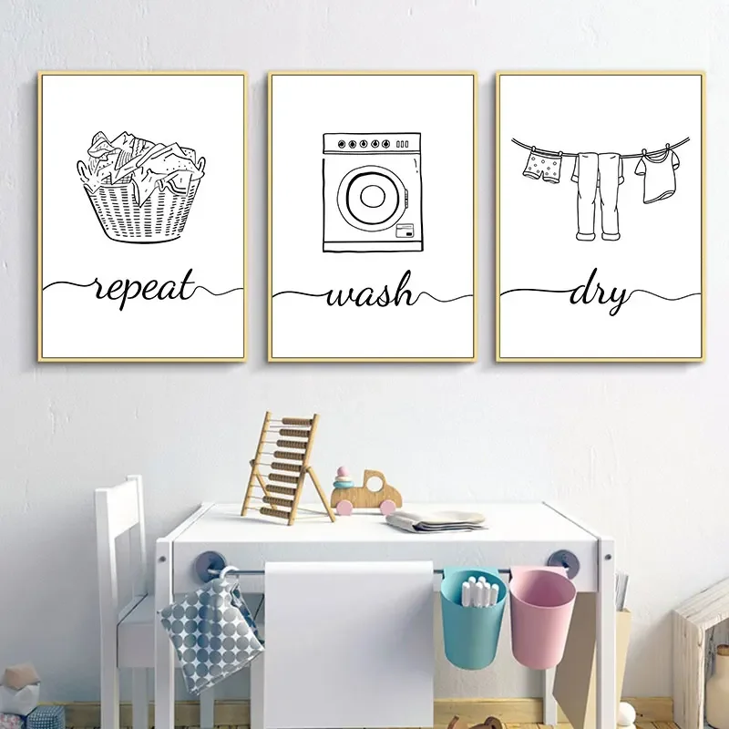 Black White Dry Wash Repeat Words Canvas Poster Prints Modern Wall Decorative Painting for Laundry Simple Bathroom Decor Picture