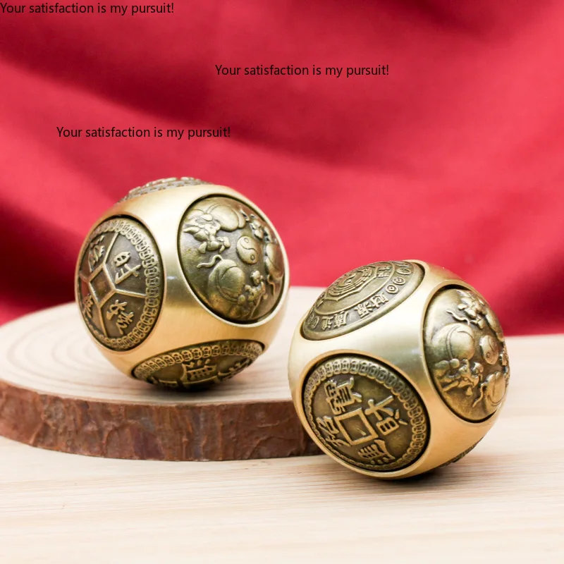 Brass Six-sided Rotatable Sphere Ornament, Engraved With Good Luck, Peace & Wealth, Creative Spinning Copper Desktop Decor