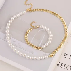 Half Pearl Cuban Chain Necklace Bracelet Set for Women Stainless steel Jewelry Gift