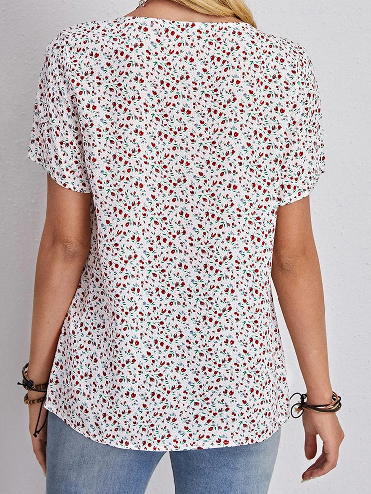 2024 Spring and Summer New Floral V-neck T-shirt Short Sleeve Comfortable Casual Top