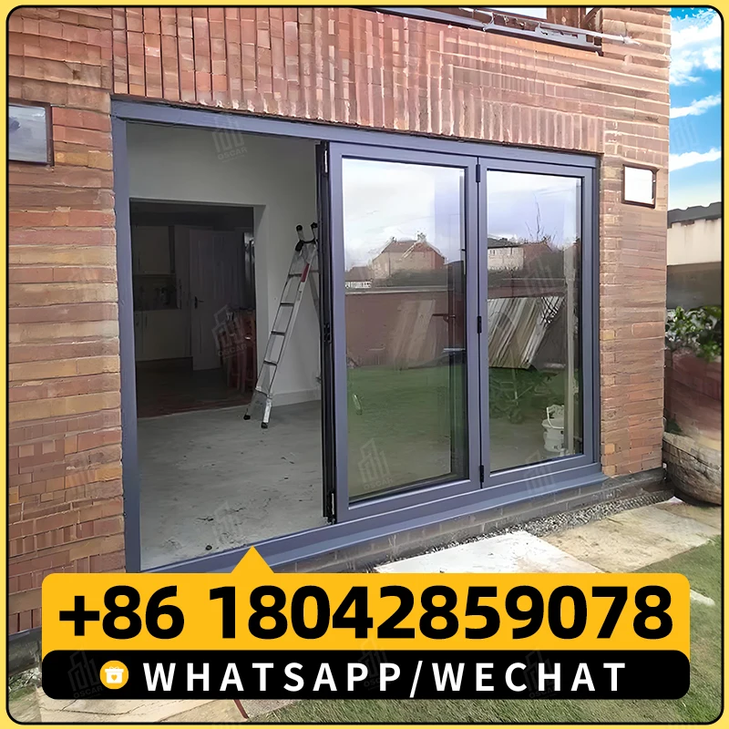 Bifold-Türen aus gehärtetem Glas, Aluminium, zusammenklappbar, Terrasse, für den Außenbereich, Schiebetür, Aluminium, vertikal, Bi-Falttüren, Glas