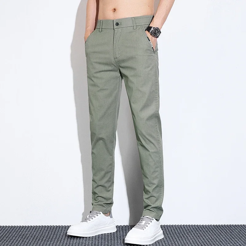 Summer Thin Men\'s Light Business Casual Pants Khaki Stretch Soft Straight Leg Breathable Slim Fashion Casual Trousers Male