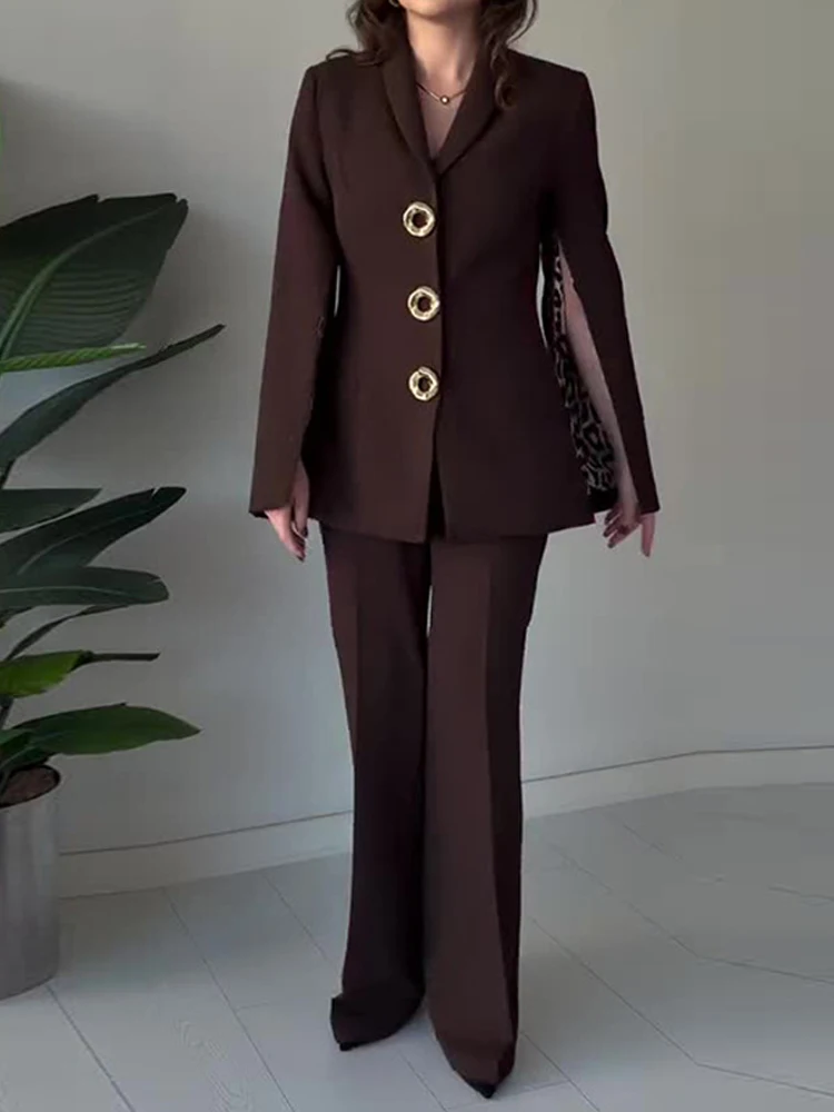 

Women Fashion Commute Solid 2Pc Outfits 2026 Sexy Split Long Sleeve Long Pant Sets Elegant V-neck Button Blazer Coat & Pant Suit