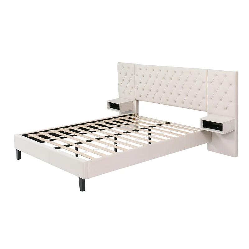 

Queen platform bed with headboard Modern velvet upholstered platform bed with two bedside tables