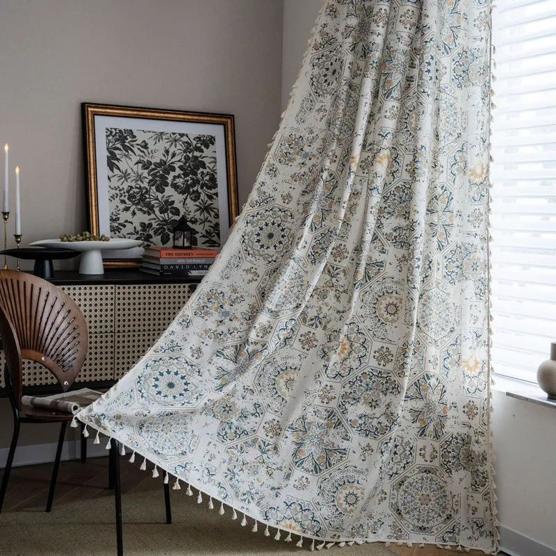 American Style Cotton Hemp Curtains Retro printed Tassel Curtains Living Room Kitchen Bedroom Drapes Float Window Semi-shading