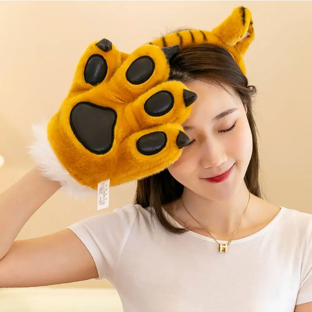 Leuke Faux Tijgerpoot Handschoenen Pluizige Textuur Gewatteerd Interieur Handwarmers Gestreept Ontwerp Zacht Dier Cosplay Kostuum Accessoires