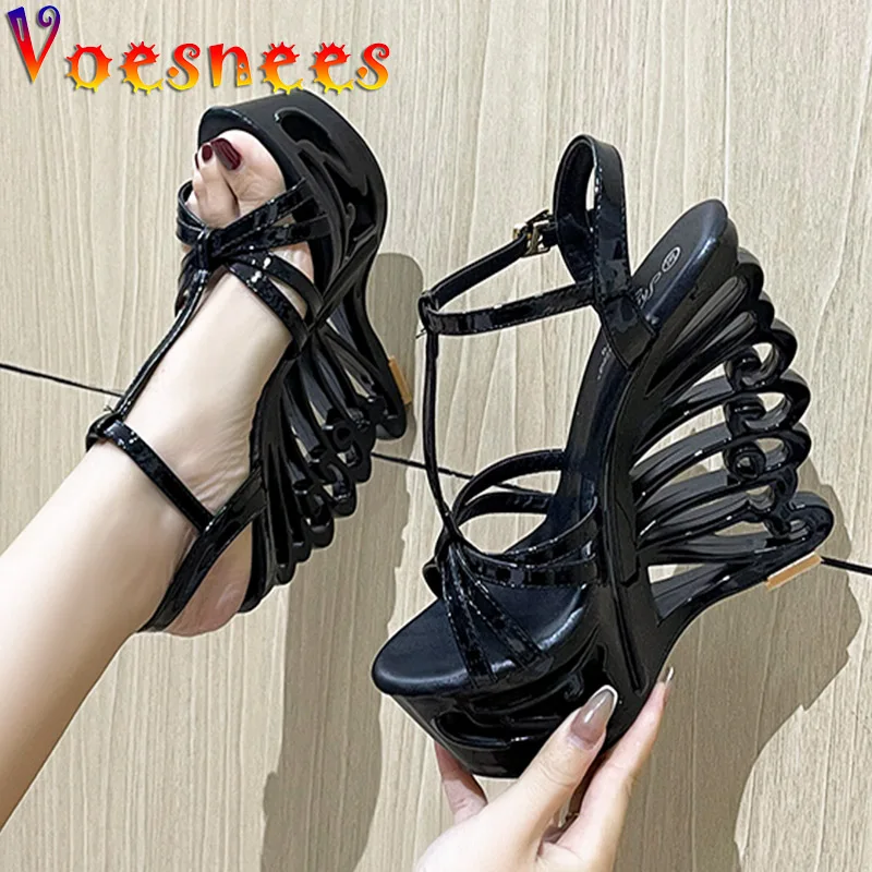 2022 New High Heels Women Pumps Thick Platform Buckle Strap Nightclub Shoes Catwalk Model Show 14.5CM Hollow Out Wedge Sandals