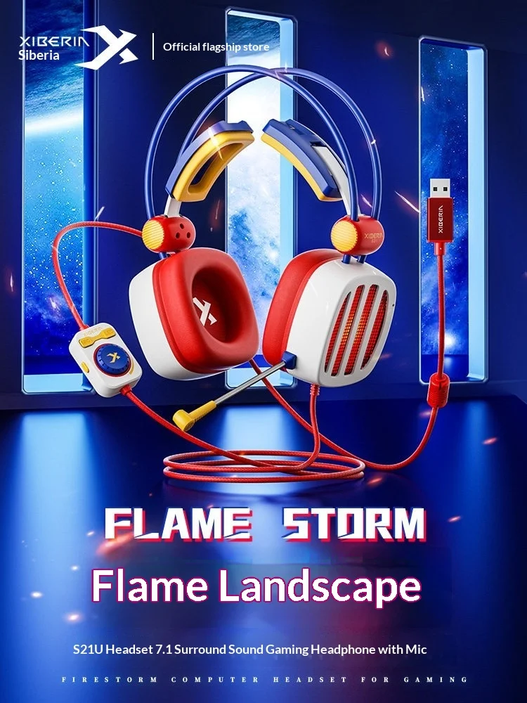 XIBERIA S21 Flame Storm Wired Over Ear Gaming Headset 7.1 Surround Sound With Mic For PC CSGO Valorant Esports