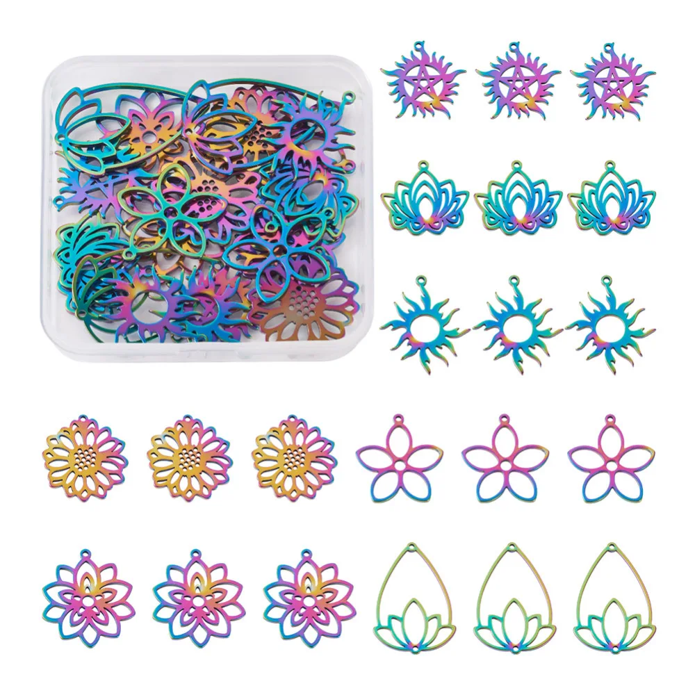 28Pcs Rainbow Color Stainless Steel Lotus Flower Sun Star Pendant Charms For Necklace Earring Connector Charm DIY Jewelry Making