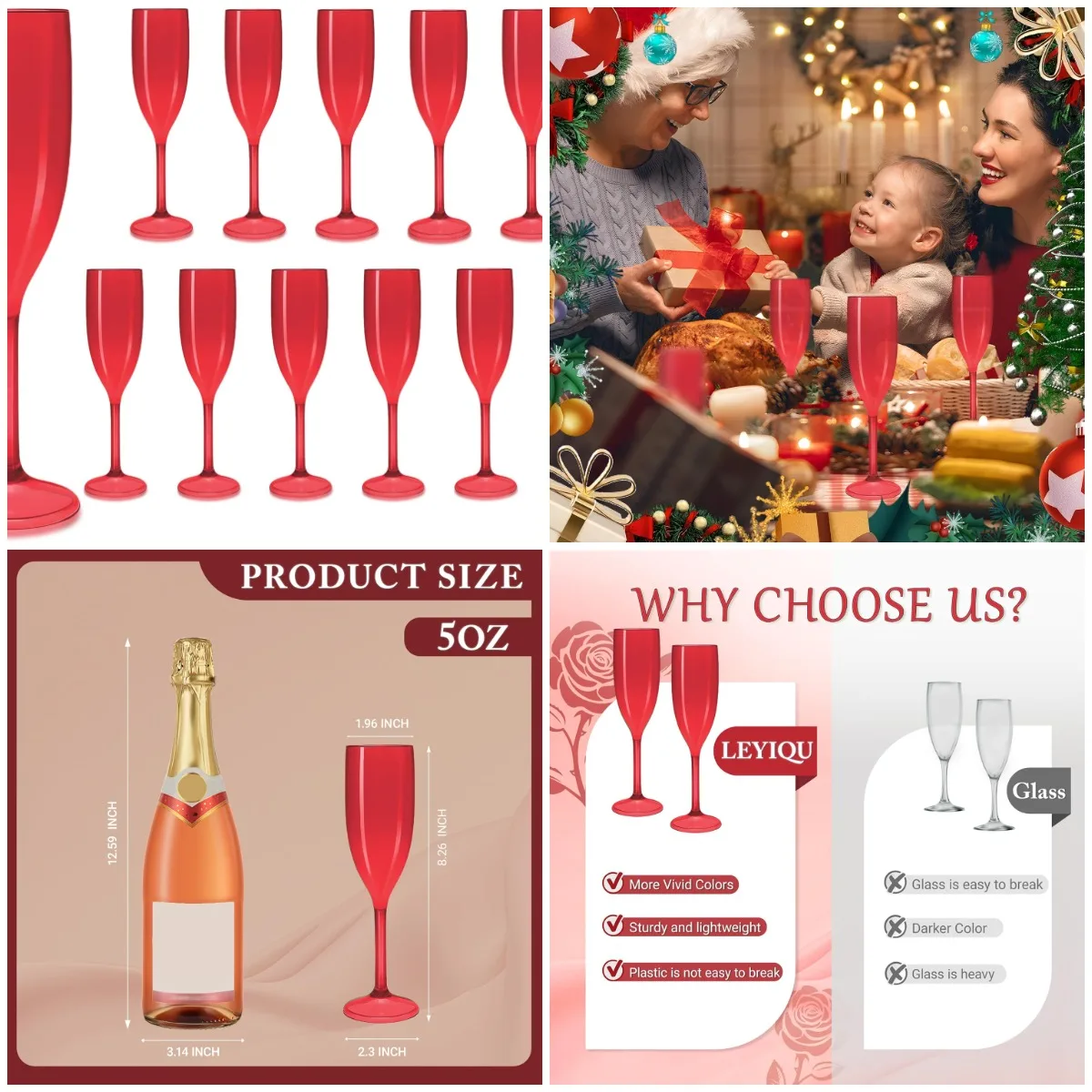 

Red Champagne Flutes Set of 12, Plastic Acrylic Goblets for Wedding, Christmas, Party, Mimosa Bar