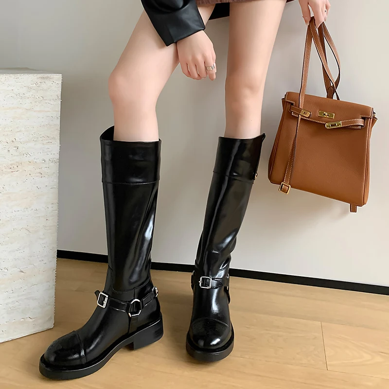 JOZHAMTA Size 34-40 Women Knee Boots Genuine Leather Ins Fashion Thick Heels Shoes Winter 2025 Wide Calf Long Boots Daily Dress