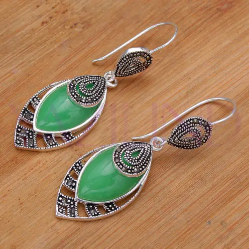 new vintage green Quartzite stone  silver hook women dangle earrings new