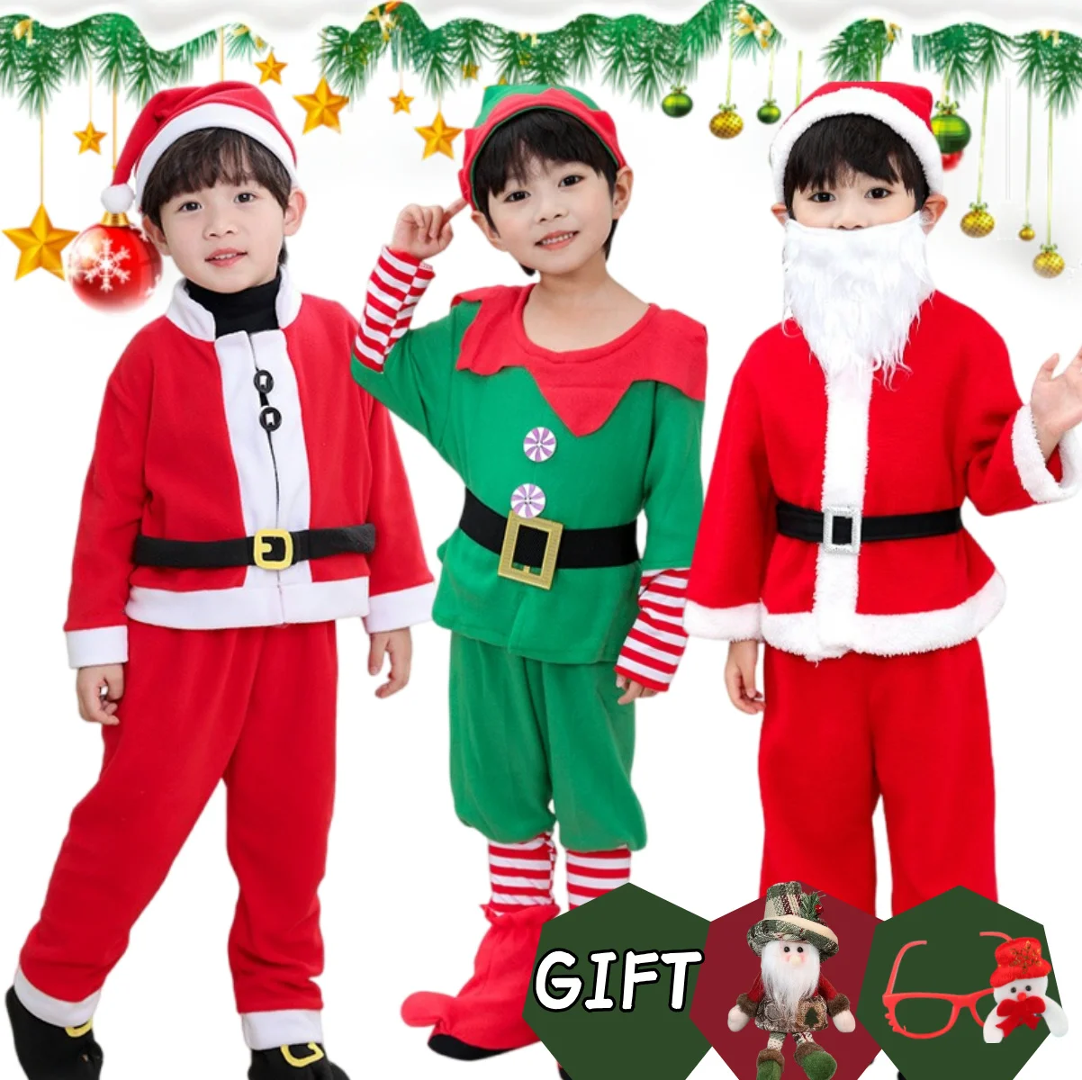 Ropa infantil de Papá Noel para niño, conjunto de juego de rol para fiesta de Navidad con gafas/muñeco de Navidad, colgante pequeño