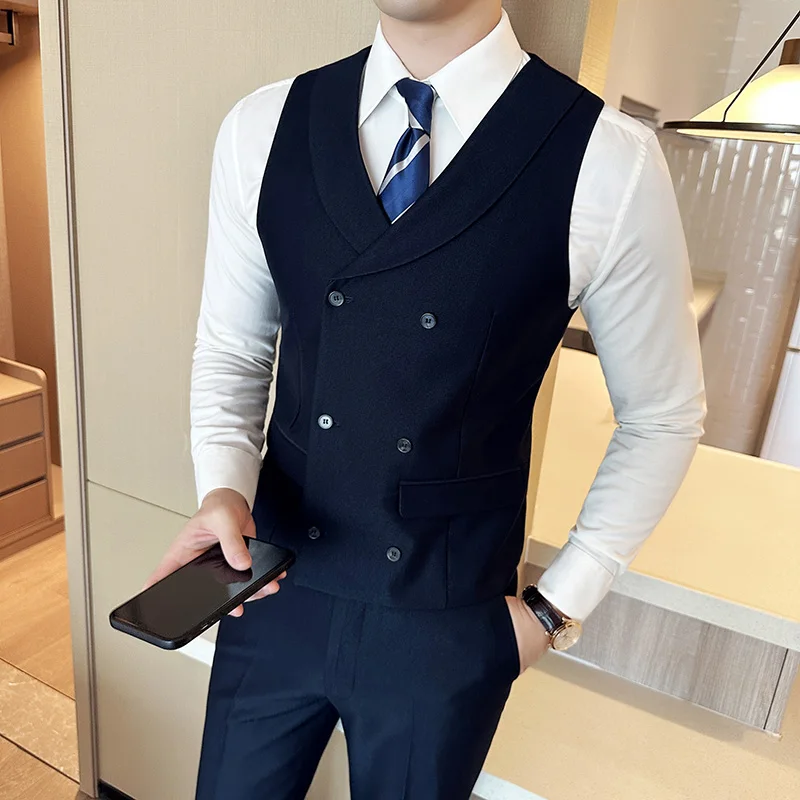 Autumn Double Breasted Suit Vest Men\'s High Quality Slim Casual Business Formal Sleeveless Vest Wedding Groom Banquet Waistcoat