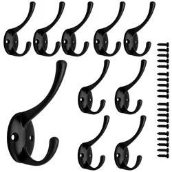 10 pcs Black Wall Clothes hook  Wall Mounted Dual Coat hook Rack for Bathroom Kitchen Bedroom Hallway Wall Hooks Coat Screw