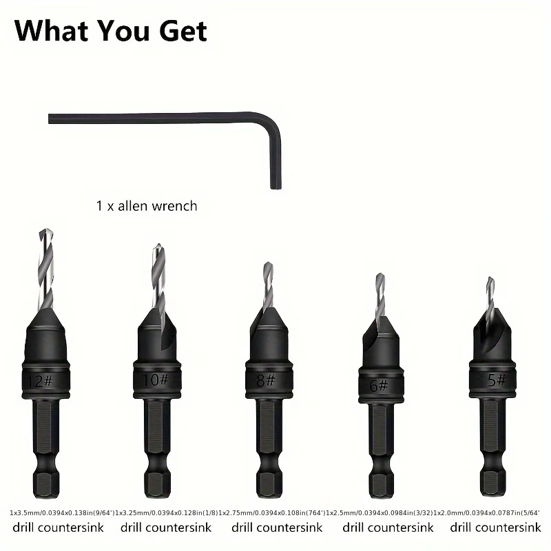 6Pcs Adjustable Wood Countersink Drill Bit Set, Hex Shank Screw Chamfer Reamer with Allen Wrench for Woodworking